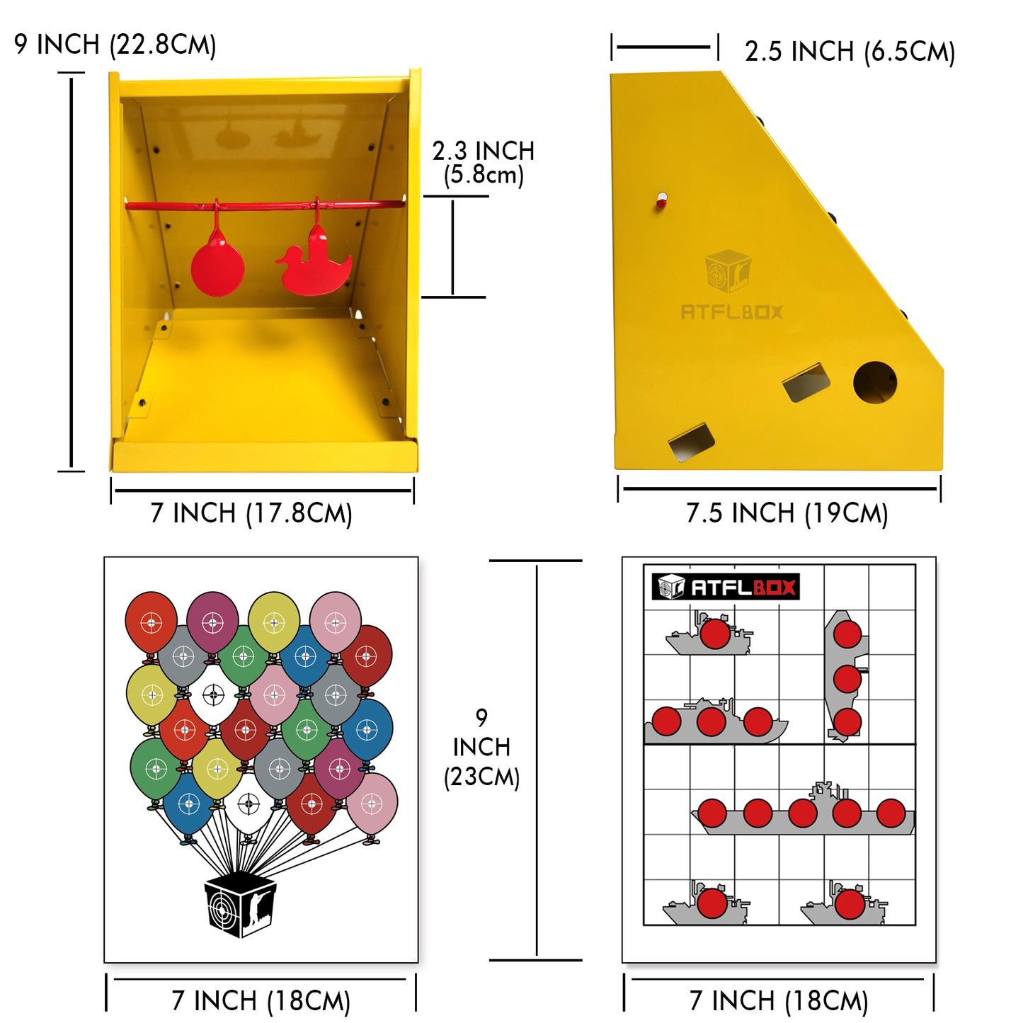 ATFLBOX BB Trap Target with 20pcs 7'' X 9'' Paper Targets and 2 Metal Silhouettes Spinner Shooting Targets for Airsoft, Rifle, Pellet Gun, Airgun