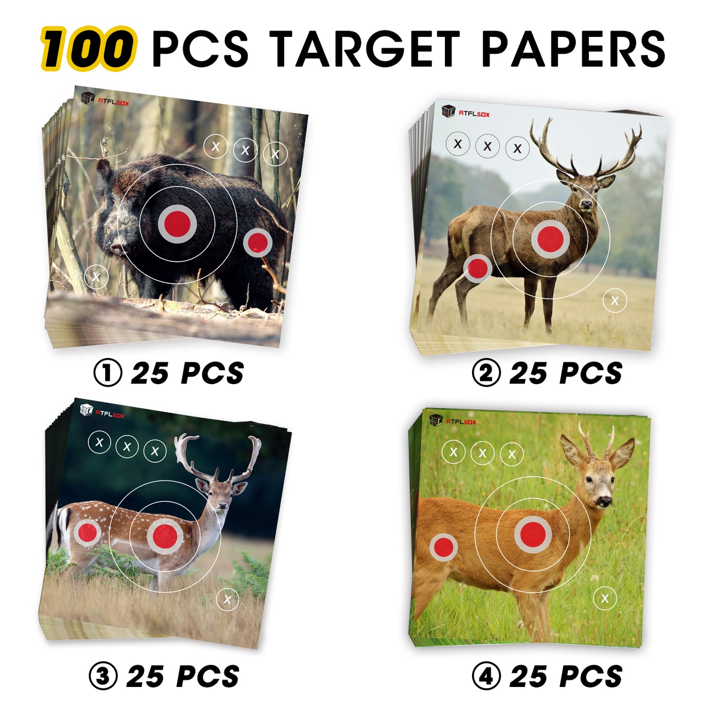 ATFLBOX 100Pack Four Different Animal Target Papers, 11.5 inch High Visibility Paper Range Shooting Targets, Shooting Paper Targets for Hunting, Handguns, Pistol, Airsoft, BB Gun, Air Rifle