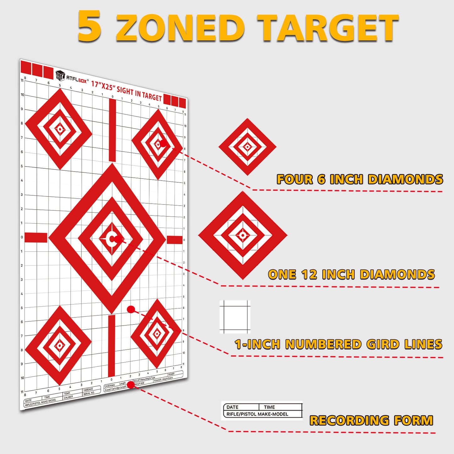 Atflbox 50 Sheets Sight in Shooting Range Paper Target, 17X25 Inch Paper Shooting Targets Suitable for Handgun, Rifle, Pellet Gun, Airgun, BB Guns, Airsoft